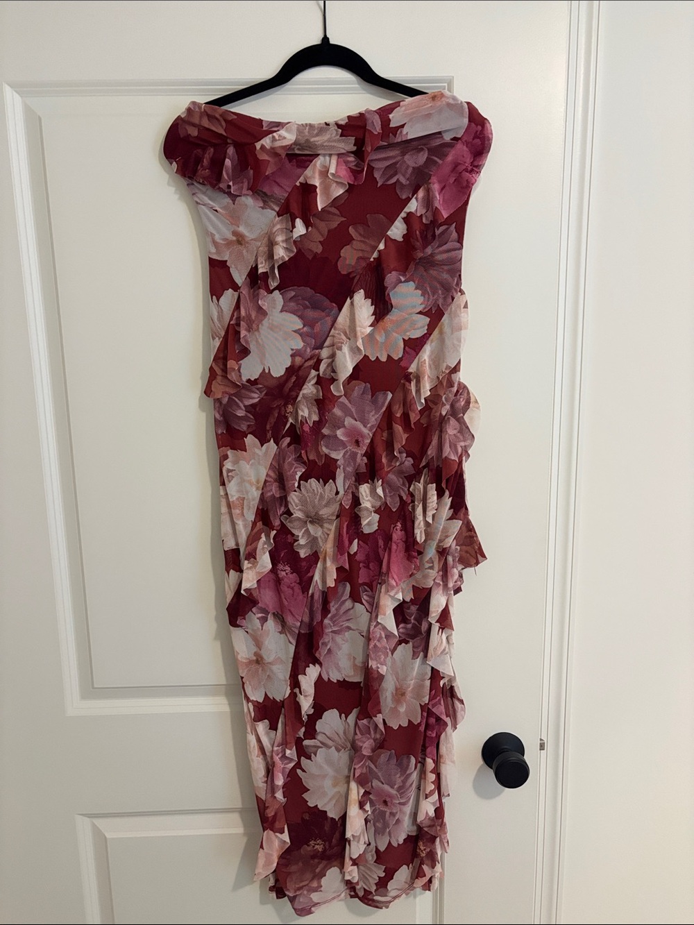 Paris Hilton Burgundy Floral Ruffle Midi Dress